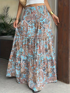 Women's Casual Vintage Print Elastic Waist Long Bohemian Pleated Skirt for Spring/Summer Vacation & Daily Wear - Blue