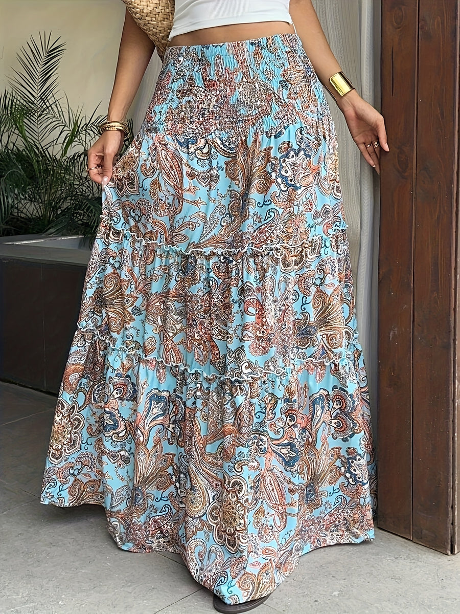 Women's Casual Vintage Print Elastic Waist Long Bohemian Pleated Skirt for Spring/Summer Vacation & Daily Wear - Blue
