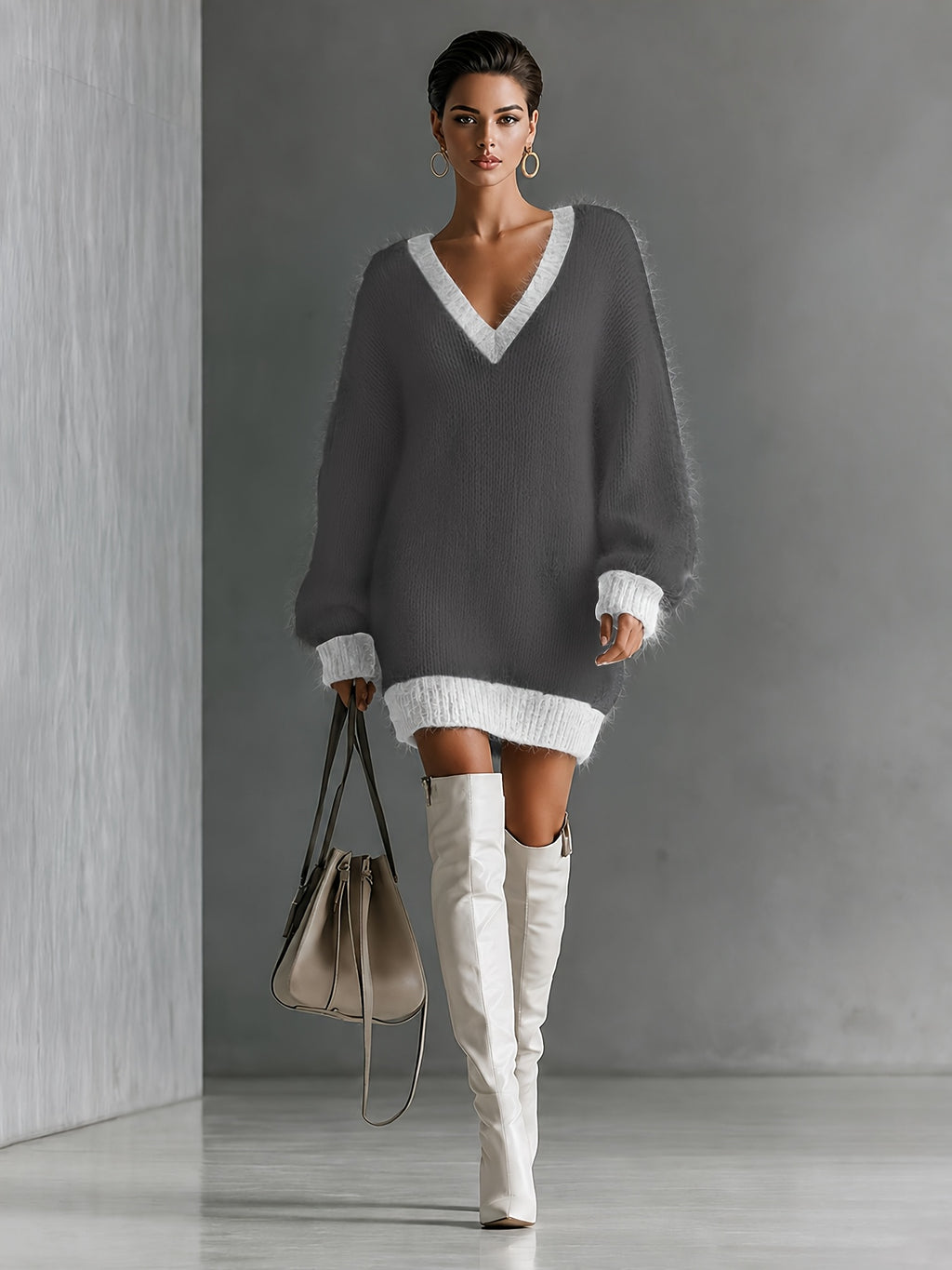 Women's Contrast Color Multi-Color Option Trimmed V-Neck Plush Fluffy Dress, Loose Long-Sleeve Pullover Dress, Autumn Winter Casual Lazy Short Dress, Suitable for Autumn and Winter Wear, Daily Classic Versatile Style - Dark Gray