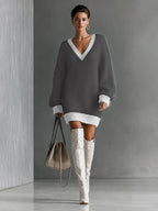 Women's Contrast Color Multi-Color Option Trimmed V-Neck Plush Fluffy Dress, Loose Long-Sleeve Pullover Dress, Autumn Winter Casual Lazy Short Dress, Suitable for Autumn and Winter Wear, Daily Classic Versatile Style - Dark Gray