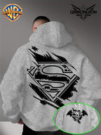 Warner Official Men's Hooded Sweatshirt, Black and White Distressed Batman Symbol Torn Wind Print Design, Machine Washable, Cozy and Comfortable Daily Drawstring Hooded Sweatshirt for Autumn and Winter, Versatile Sporty Casual Loose Fit - Light Grey