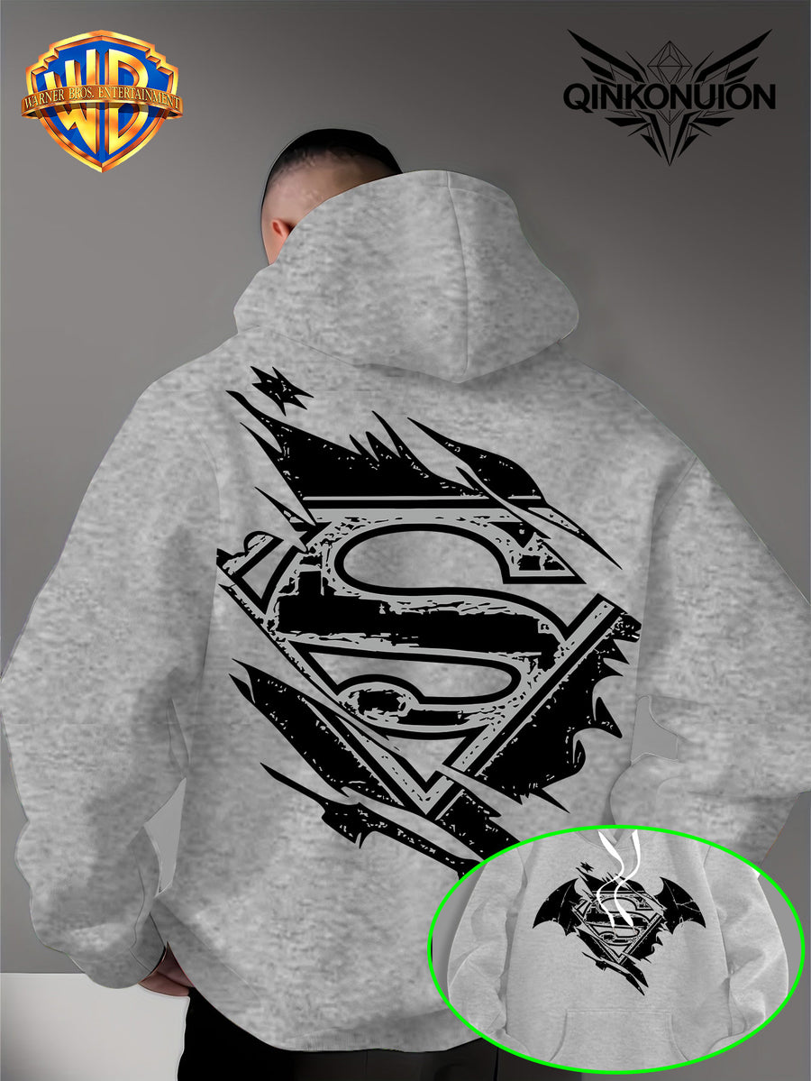 Warner Official Men's Hooded Sweatshirt, Black and White Distressed Batman Symbol Torn Wind Print Design, Machine Washable, Cozy and Comfortable Daily Drawstring Hooded Sweatshirt for Autumn and Winter, Versatile Sporty Casual Loose Fit - Light Grey