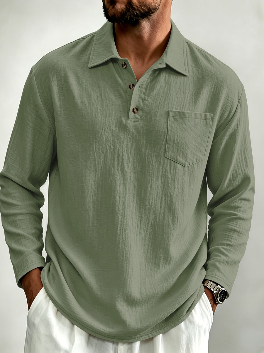 95% Linen Long Sleeve Polo Shirt Fall Winter Midweight Crinkle Texture 3 Wooden Buttons Single Chest Pocket Lapel Casual Top - Military Green