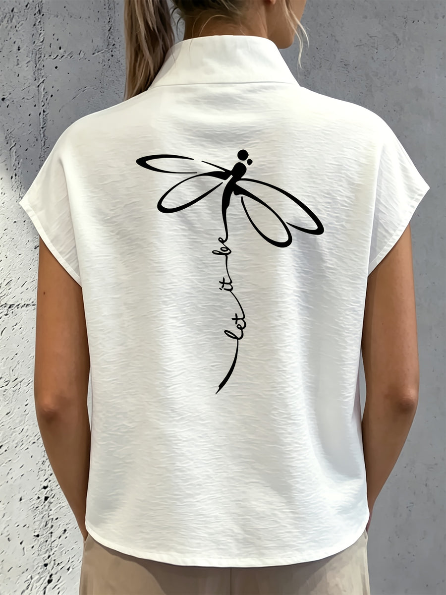 Casual Comfortable Elegant Chic Small Stand Collar Button-Up Sleeveless Dragonfly Butterfly Print White Shirt - White No. 3