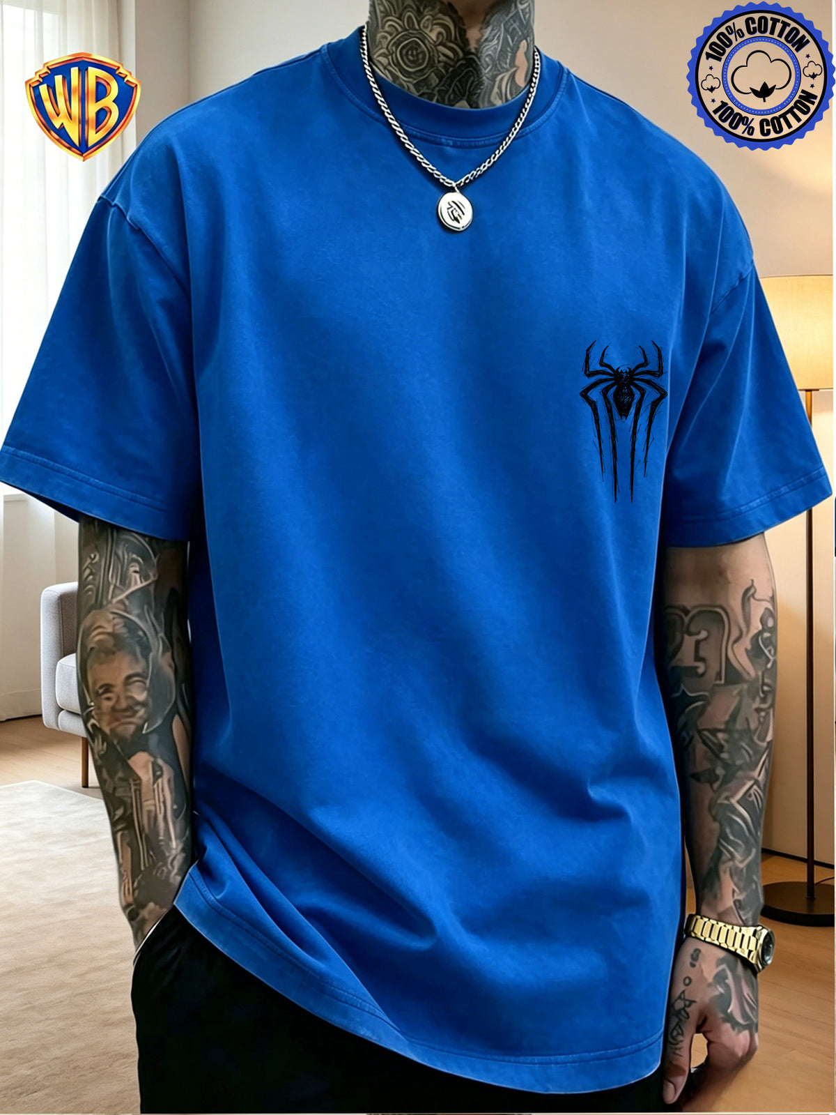 Unisex T-shirt Featuring a Niche Dark Aesthetic with Hand-painted Front and Back Dual-position Combination Prints, Creating a Low-key, Cool, Eye-catching, and Trendy Campus Style - Blue