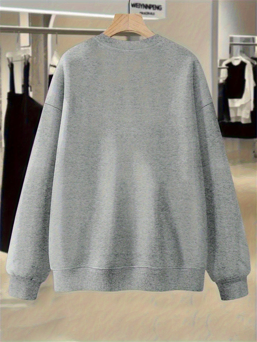 Plus Size, Extended Apparel: Women's Spring/Autumn/Winter Cross-Border European & American Plus-Size Simple Graphic Print Sweatshirt, Casual Crew Neck Sweatshirt, Women's Plus-Size Sweatshirt - Grey