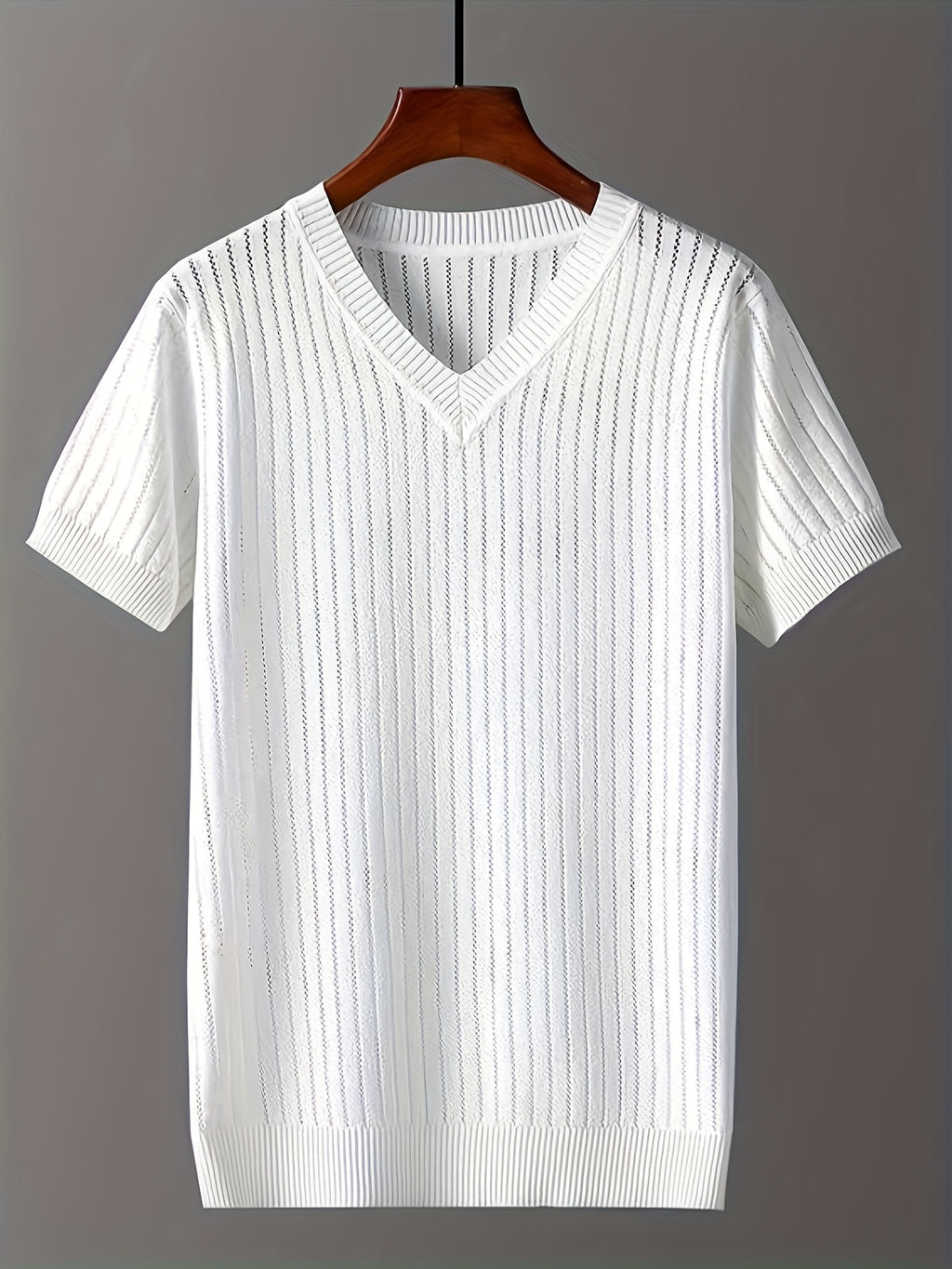 Fiber Fabric Hollow-Out Short Sleeve V-Neck Knitted Sweater, Solid Color, Casual and Versatile - White
