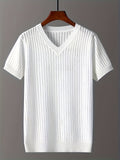 Fiber Fabric Hollow-Out Short Sleeve V-Neck Knitted Sweater, Solid Color, Casual and Versatile - White