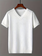 Fiber Fabric Hollow-Out Short Sleeve V-Neck Knitted Sweater, Solid Color, Casual and Versatile - White