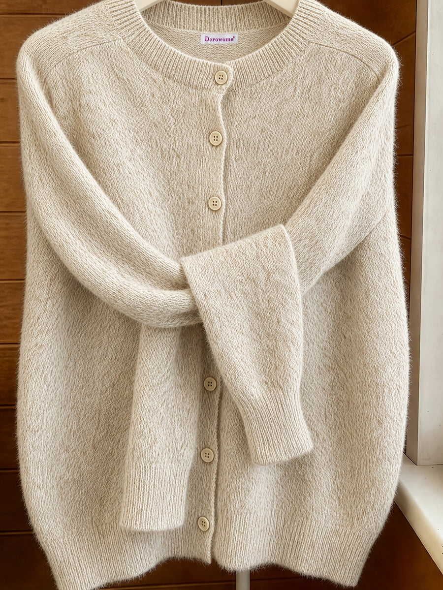 Spring Autumn Solid Color Round Neck Button Sweater Open Cardigan, Loose Casual Fashion Versatile Jacket, Soft Comfortable Elegant Women'S Top - Khaki