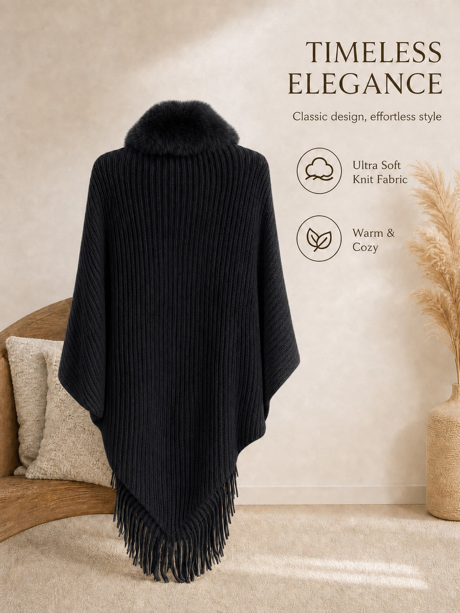 Women's Loose-fitting, Batwing-sleeve, Cape-style Cardigan; a Reversible Wrap with a Shawl Collar-a Stylish Piece for Casual Attire and a Great Gift for Autumn and Winter. - Black