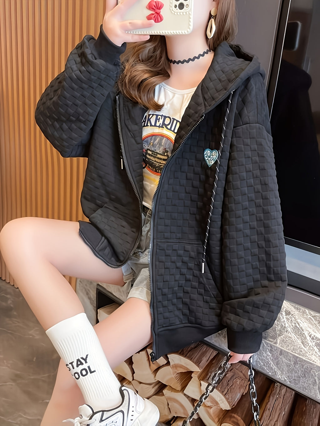 New Hooded Loose Long Sleeve Jacket, Suitable for Autumn And Winter Outerwear, Women'S Clothing - Black