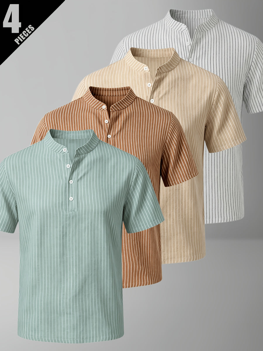 4pcs Men'S Casual Striped Linen Blend Henley Shirts, Breathable Short Sleeve Summer Tops, Suitable for Daily, Beach, And Vacation - Color Mixing 2