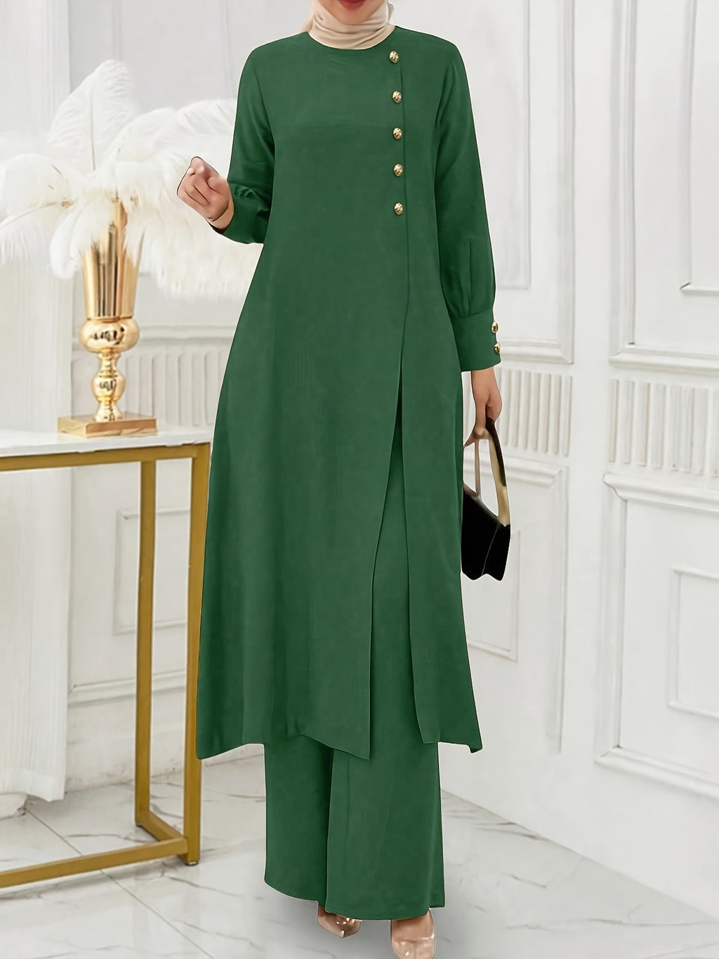 Ramadan, Women's Front-Button Long Sleeve Slit Dress & Pants Casual Arabic Style 2pcs Set, Only Clothes, Without Headscarf - Dark Green