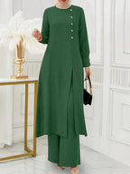 Ramadan, Women's Front-Button Long Sleeve Slit Dress & Pants Casual Arabic Style 2pcs Set, Only Clothes, Without Headscarf - Dark Green
