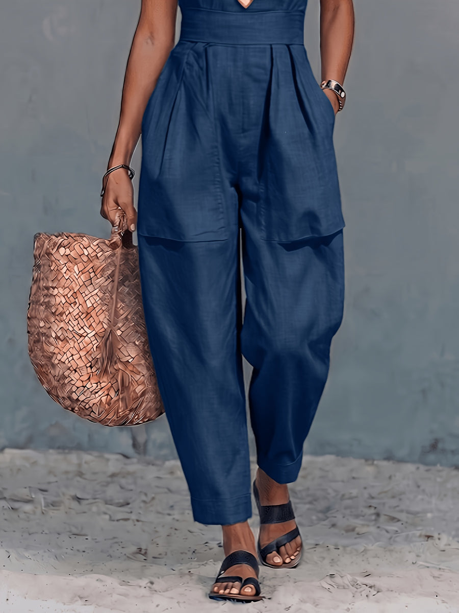 New Spring/Summer Women's Halter Neck Sleeveless Jumpsuit with Wide-Leg Loose-Fit Pants - Blue