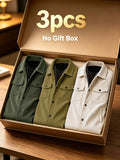 Men'S Spring Autumn Solid Color Long Sleeve Functional Warm Jacket, Corduroy Solid Color Jacket, Lapel Button-Up Design, Fabric Upgrade, Multi-Functional Chest Pockets, Suitable for Casual Daily Wear And Home Wear, Gift Set (3pcs) - Army Green + Khaki + Apricot