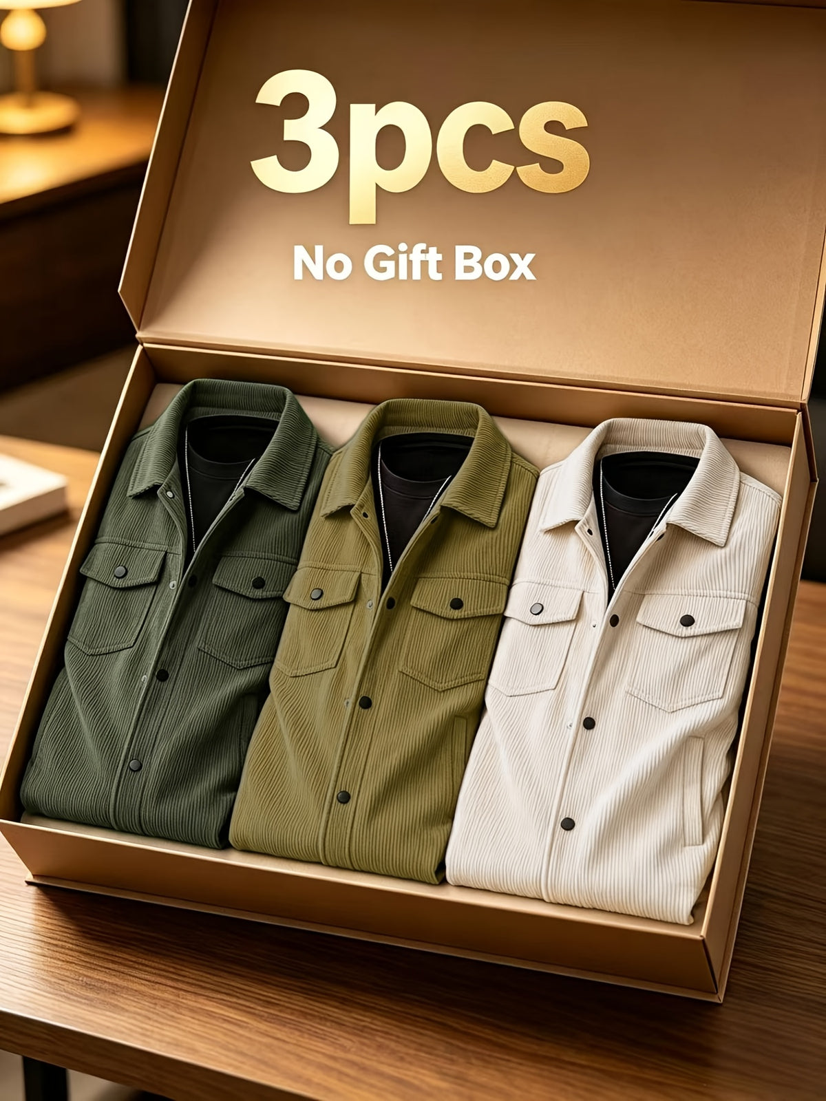 Men'S Spring Autumn Solid Color Long Sleeve Functional Warm Jacket, Corduroy Solid Color Jacket, Lapel Button-Up Design, Fabric Upgrade, Multi-Functional Chest Pockets, Suitable for Casual Daily Wear And Home Wear, Gift Set (3pcs) - Army Green + Khaki + Apricot