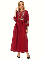 Women's Tie-Neck Floral Geometric Embroidery Drawstring Dress - Red