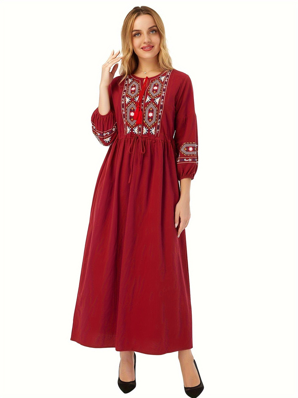 Women's Tie-Neck Floral Geometric Embroidery Drawstring Dress - Red