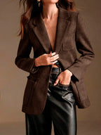 Autumn/Winter Women's Casual Fashionable and Elegant Solid Color Blazer with Lapel, Long Sleeves, Regular Fit, Open Front, Suitable for Daily Casual, Office Commuting, and Important Occasions, Lightweight and Versatile - Coffee Brown