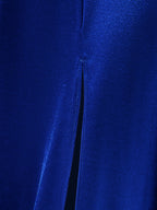 A Solid Color Satin Slip Dress with a Back Tie, Side Pockets, And a High Slit, Perfect for Upscale Banquets And Evening Parties - Blue