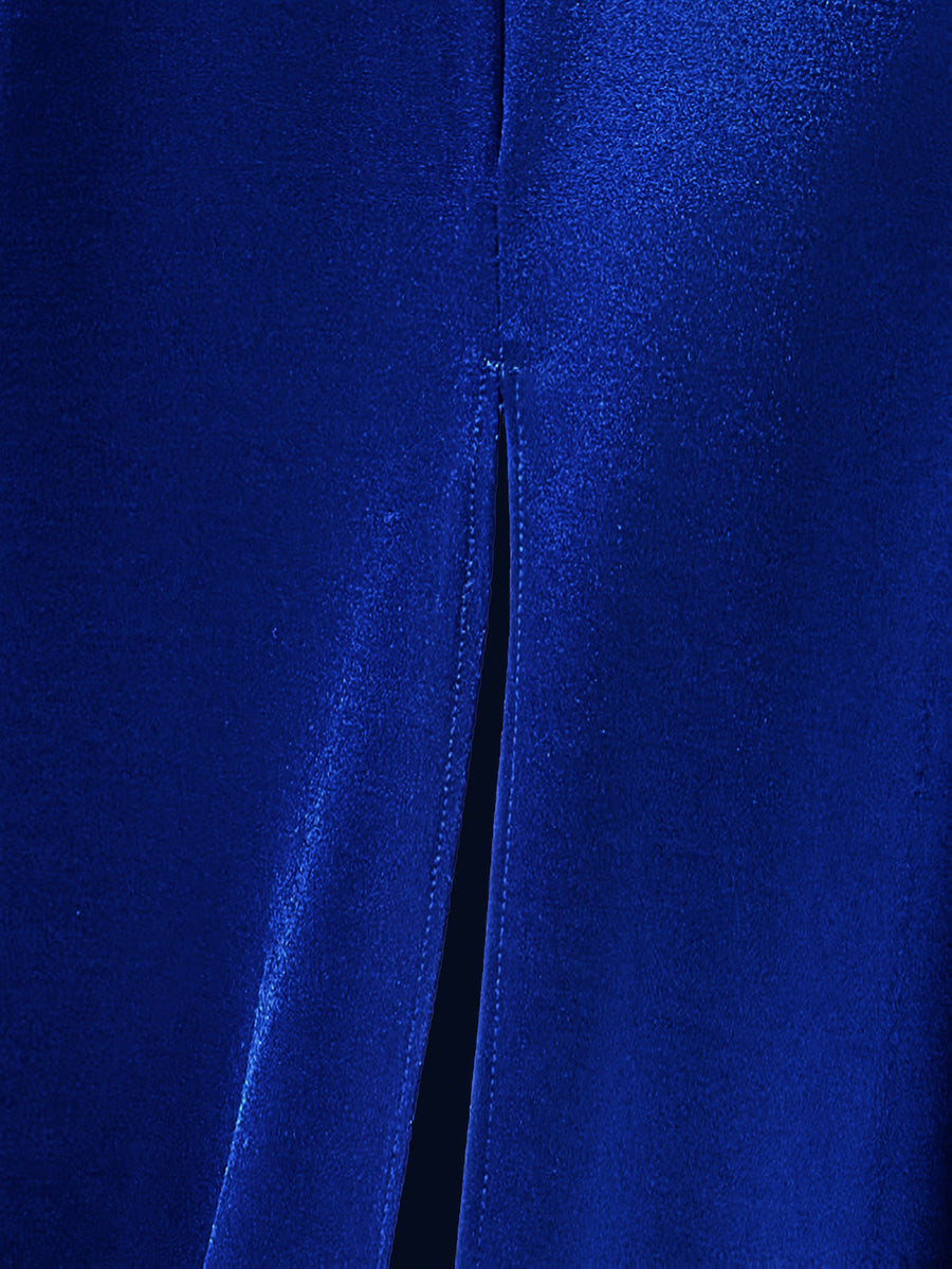 A Solid Color Satin Slip Dress with a Back Tie, Side Pockets, And a High Slit, Perfect for Upscale Banquets And Evening Parties - Blue