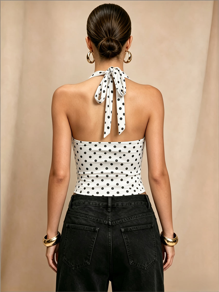 European and American Women's Summer Polka Dot V-Neck Halter Neck Backless Cropped Camisole Top - White
