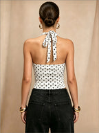 European and American Women's Summer Polka Dot V-Neck Halter Neck Backless Cropped Camisole Top - White
