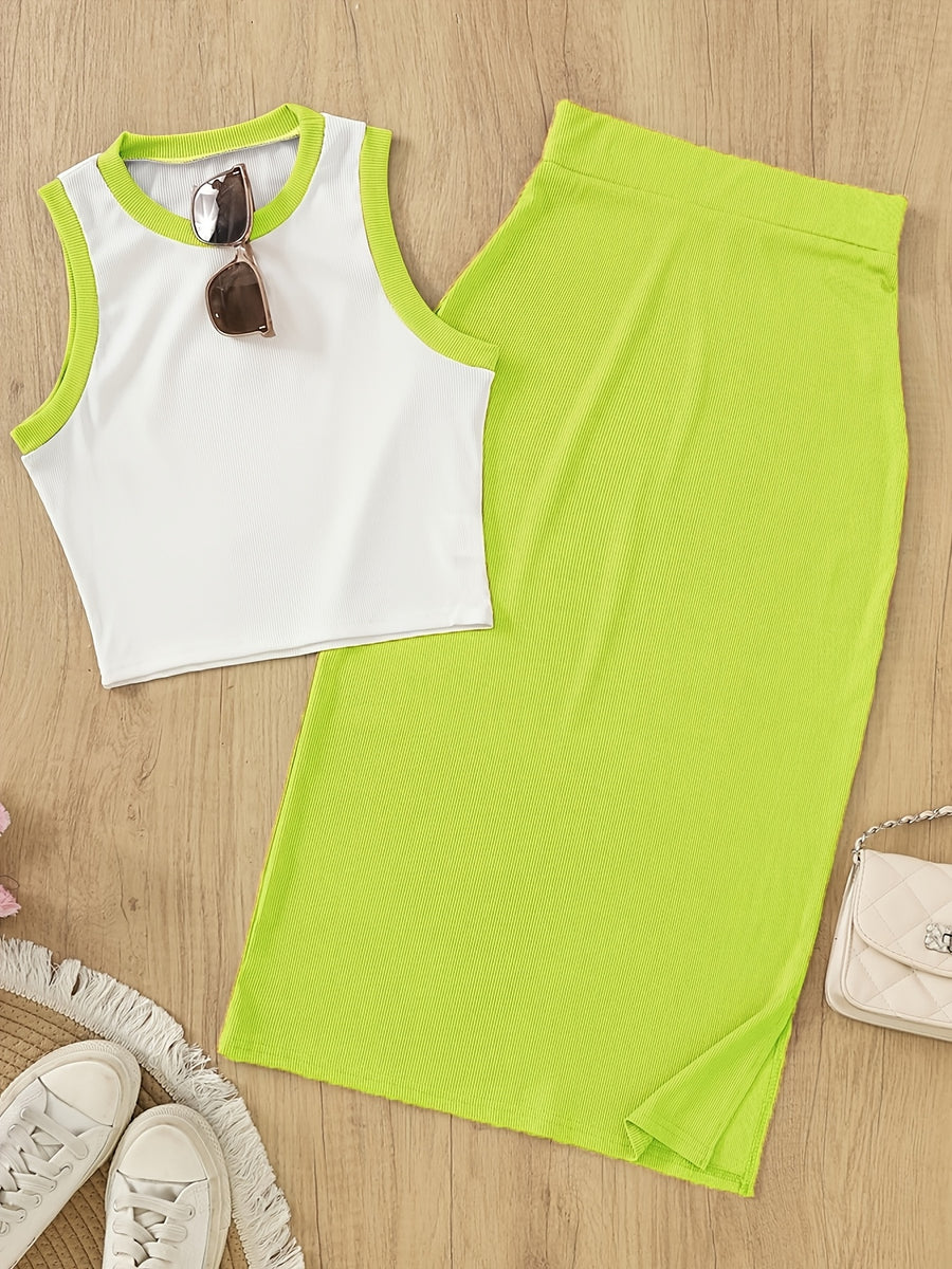 Women'S Sleeveless Vest And Slit Skirt Set - Fluorescent Green