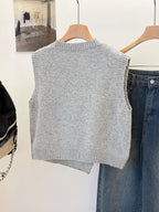 New Fashion Women'S Fresh Solid Color Short Round Neck Asymmetrical Button Accessory Design Fashion Sleeveless Beautiful Sweater Vest, Multi-Functional Vest, Suitable for Daily Commute, Home Comfort, Summer Nights, Parties And Gatherings - Grey
