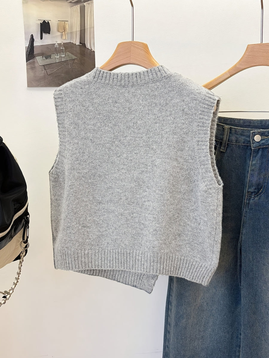 New Fashion Women'S Fresh Solid Color Short Round Neck Asymmetrical Button Accessory Design Fashion Sleeveless Beautiful Sweater Vest, Multi-Functional Vest, Suitable for Daily Commute, Home Comfort, Summer Nights, Parties And Gatherings - Grey