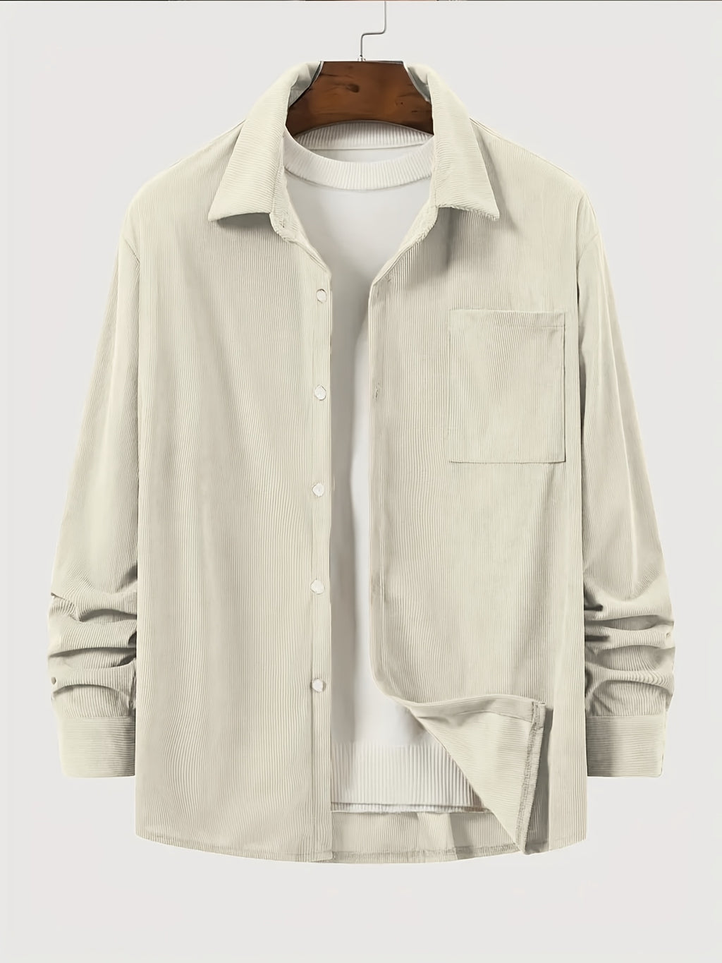 New Solid Color Spring/Autumn Men's Fashion Casual Corduroy Jacket, Lapel Single-Breasted Button Cardigan Style with Chest Pocket, Loose Fit, Can Be Worn as an Inner or Outer Layer - Off-white