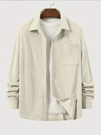 New Solid Color Spring/Autumn Men's Fashion Casual Corduroy Jacket, Lapel Single-Breasted Button Cardigan Style with Chest Pocket, Loose Fit, Can Be Worn as an Inner or Outer Layer - Off-white