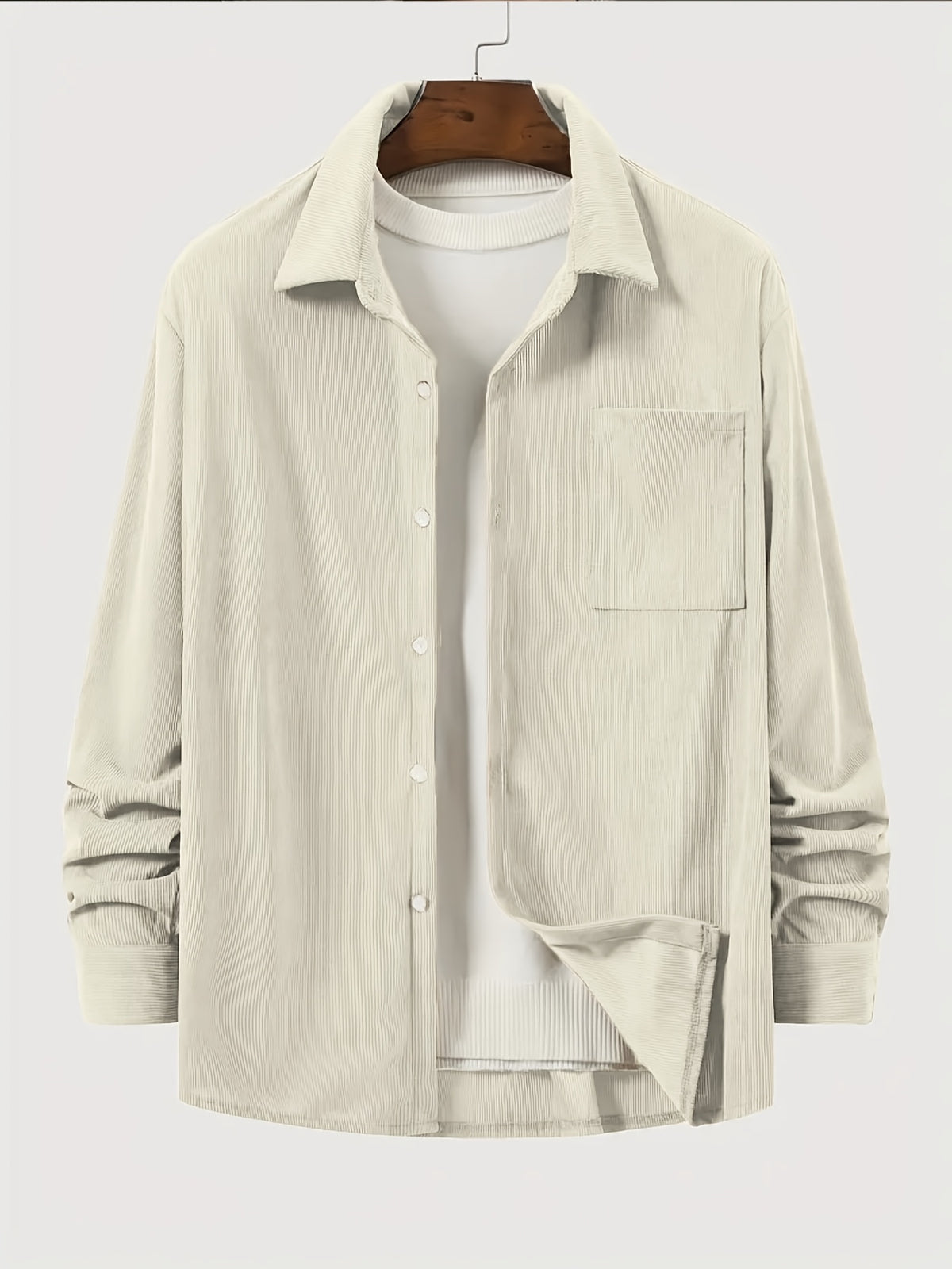 New Solid Color Spring/Autumn Men's Fashion Casual Corduroy Jacket, Lapel Single-Breasted Button Cardigan Style with Chest Pocket, Loose Fit, Can Be Worn as an Inner or Outer Layer - Off-white