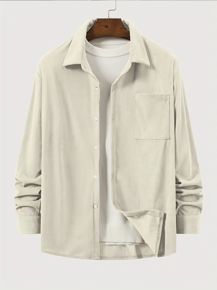 New Solid Color Spring/Autumn Men's Fashion Casual Corduroy Jacket, Lapel Single-Breasted Button Cardigan Style with Chest Pocket, Loose Fit, Can Be Worn as an Inner or Outer Layer - Off-white
