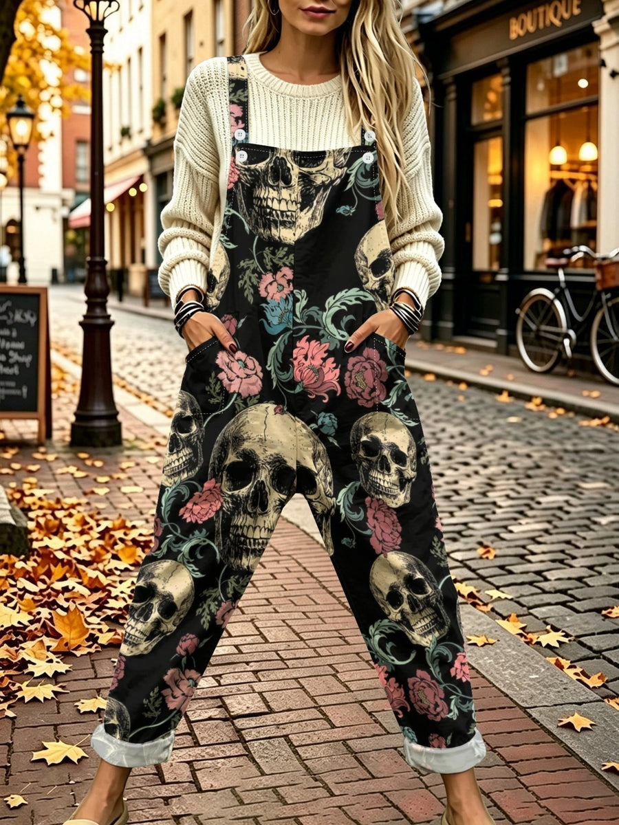 Autumn New Arrival Black Skull and Floral Color-Blocked Print Overalls for Women, Street Style, Loose Fit, Wide Leg, Rolled Hem, Multi-Pocket Casual Jumpsuit - Mixed colors
