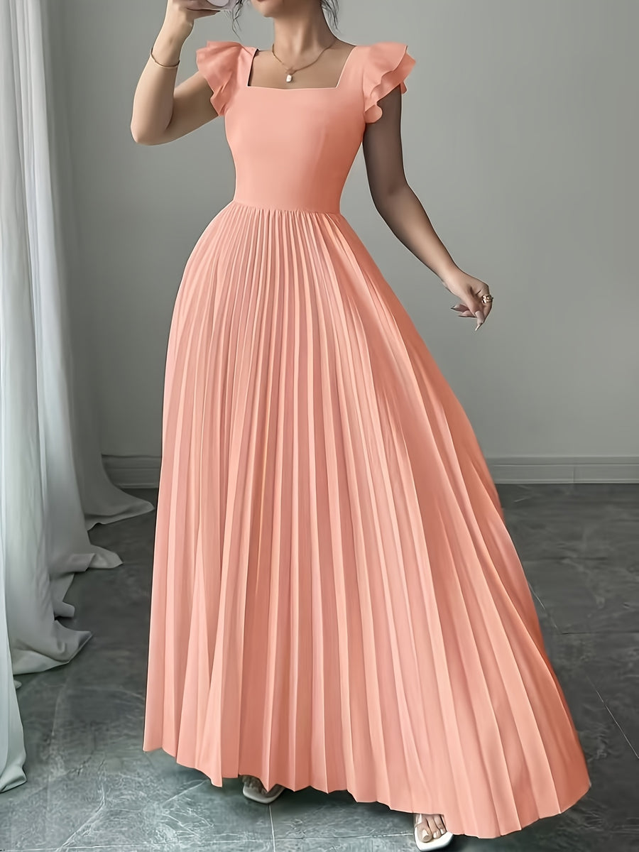 Women'S Elegant Floral Print Pleated Hem Long Dress, Summer - Orange
