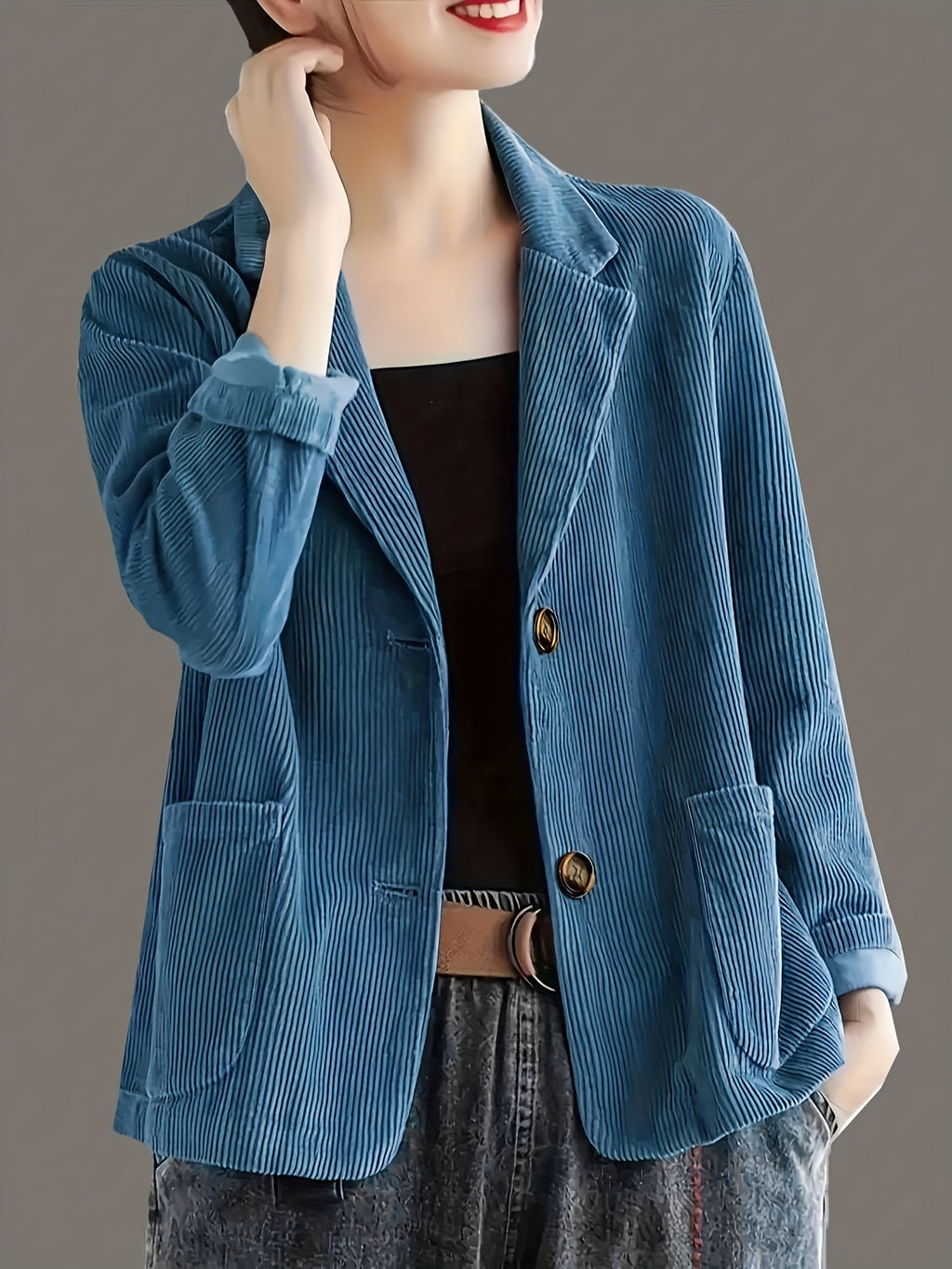 Women's Autumn Casual Jacket, Vintage Style Blue Loose Fit Single-Breasted Button, Versatile Casual Blazer - Sea Blue