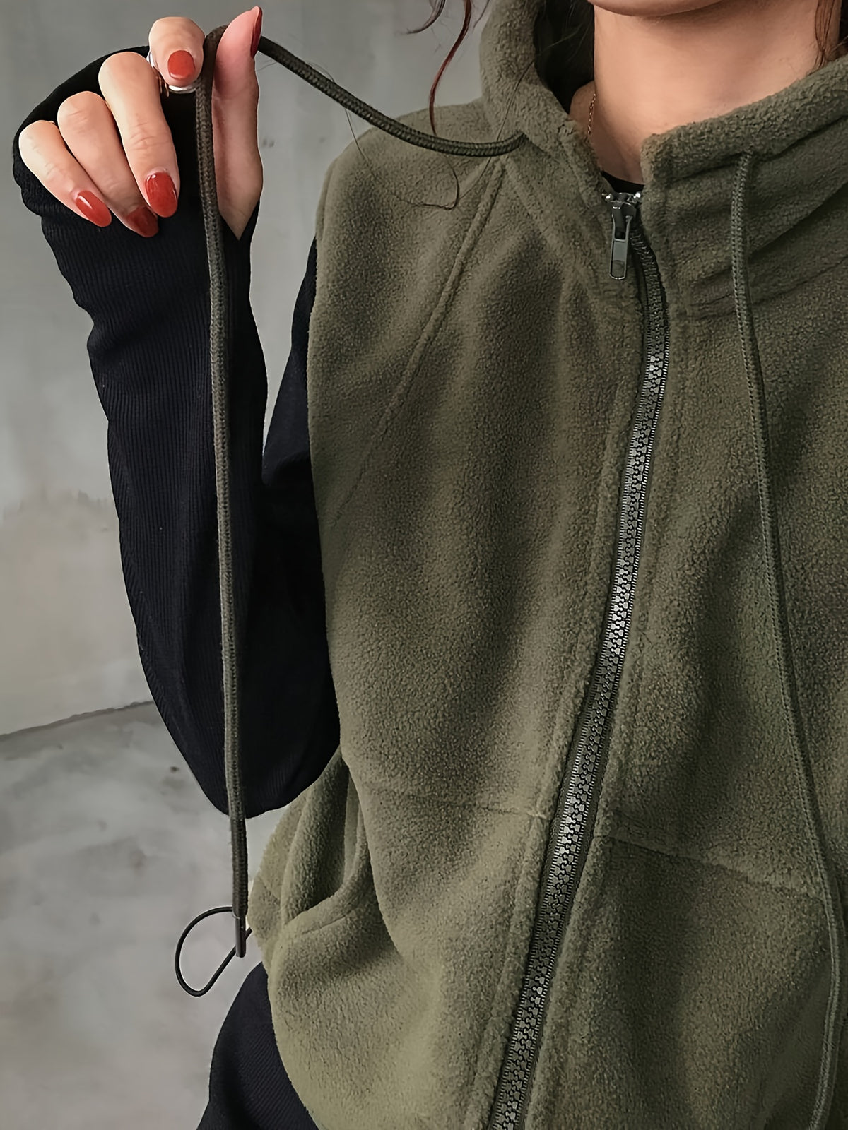 Drawstring Pocket Zipper Casual Vest - Olive Green