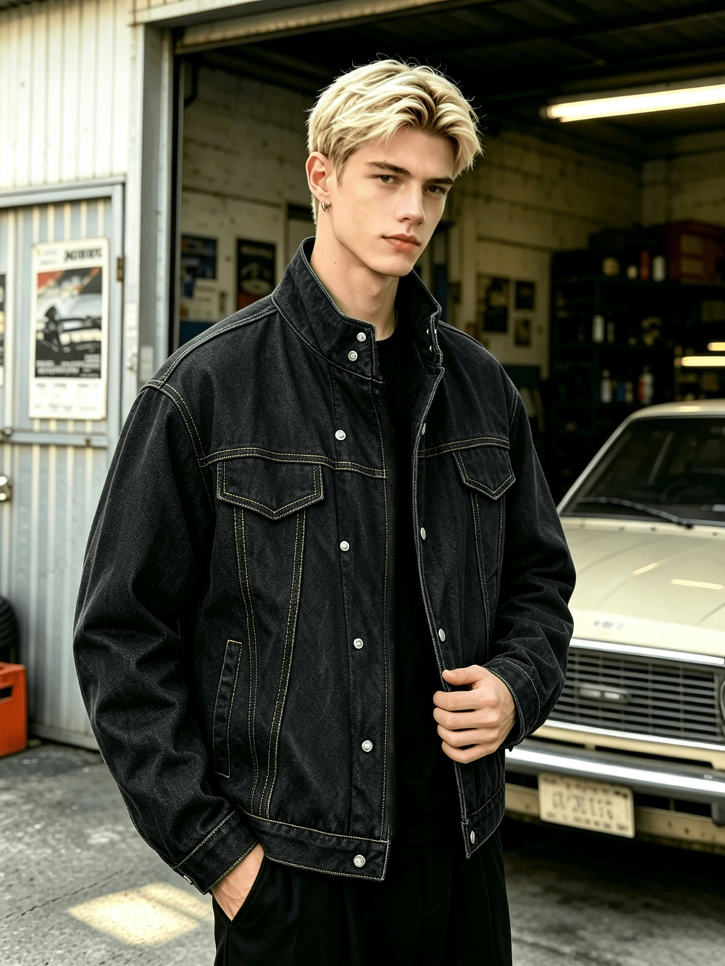 Men Solid Color Stand Collar Denim Jacket, Contrast Stitching Offset Placket with Metal Snap Buttons, Chest Patch Pockets and Side Insert Pockets, Loose Dropped Shoulder Cropped Fit, Casual Versatile Long Sleeve Coat for Young Men Daily Street Wear - Black