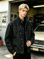 Men Solid Color Stand Collar Denim Jacket, Contrast Stitching Offset Placket with Metal Snap Buttons, Chest Patch Pockets and Side Insert Pockets, Loose Dropped Shoulder Cropped Fit, Casual Versatile Long Sleeve Coat for Young Men Daily Street Wear - Black