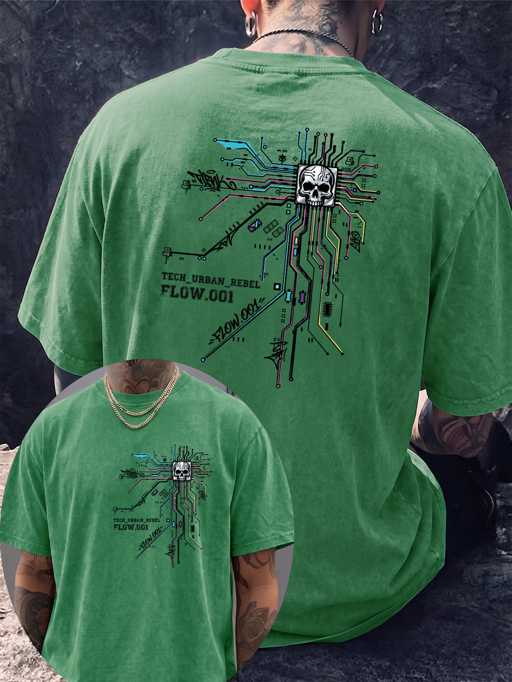 Men's Short-Sleeve T-Shirt, Pure Cotton, Loose Fit, Washed Distressed Circuit Board Skull Graffiti Print, Trendy Reversible Double-Sided Print, 12 Colors for  Mix & Match, American Streetwear High Street Hip-Hop Top, for Daily Outings - Green