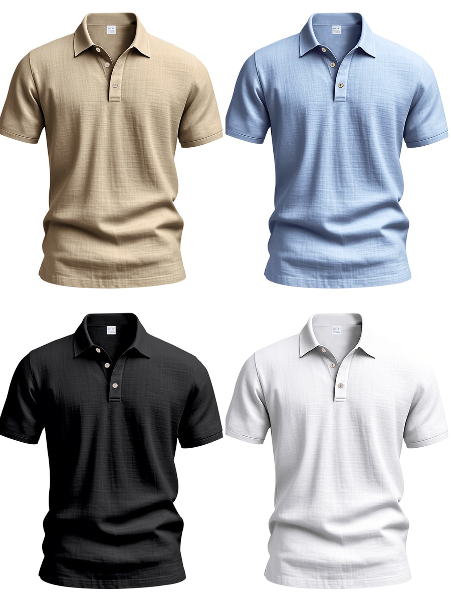 2026 Summer Men's 4pcs Set: Casual Vacation Relaxed Breathable Linen-Textured Business Casual Loose Fit Comfortable Minimalist Basic Style for Seaside Beach Golf Fishing Short-Sleeve Shirt - Card Blue Black White