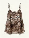 2026 New Black And White Polka Dot Spaghetti Strap Cami, Double-Layer Flowing Skirt Hem, Vacation Style Top, Lazy Style Polka Dot Chiffon Cami, Double-Layer A-Line Fit, Versatile Casual Date Sleeveless Top - Leopard Print