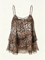 2026 New Black And White Polka Dot Spaghetti Strap Cami, Double-Layer Flowing Skirt Hem, Vacation Style Top, Lazy Style Polka Dot Chiffon Cami, Double-Layer A-Line Fit, Versatile Casual Date Sleeveless Top - Leopard Print
