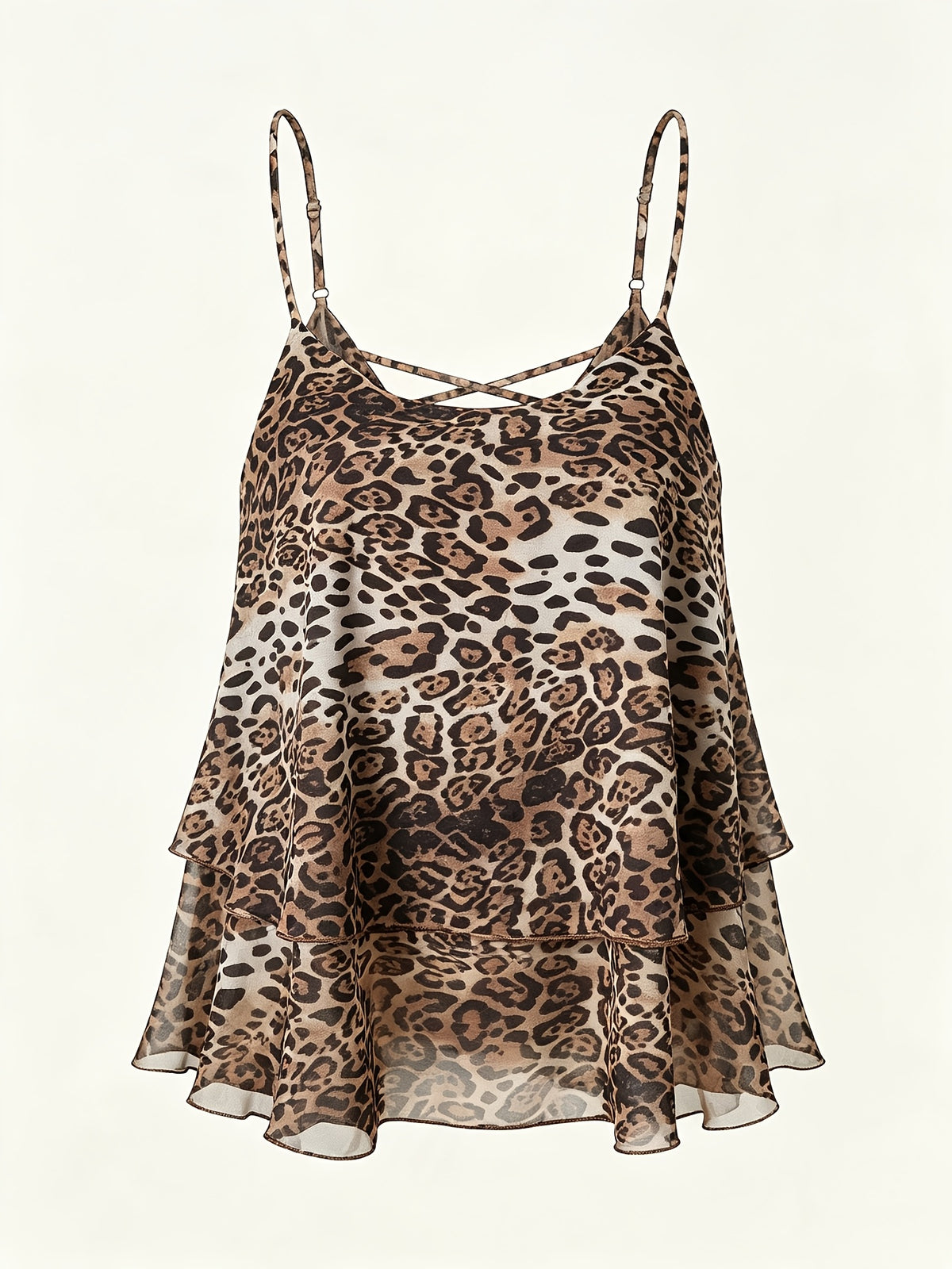 2026 New Black And White Polka Dot Spaghetti Strap Cami, Double-Layer Flowing Skirt Hem, Vacation Style Top, Lazy Style Polka Dot Chiffon Cami, Double-Layer A-Line Fit, Versatile Casual Date Sleeveless Top - Leopard Print