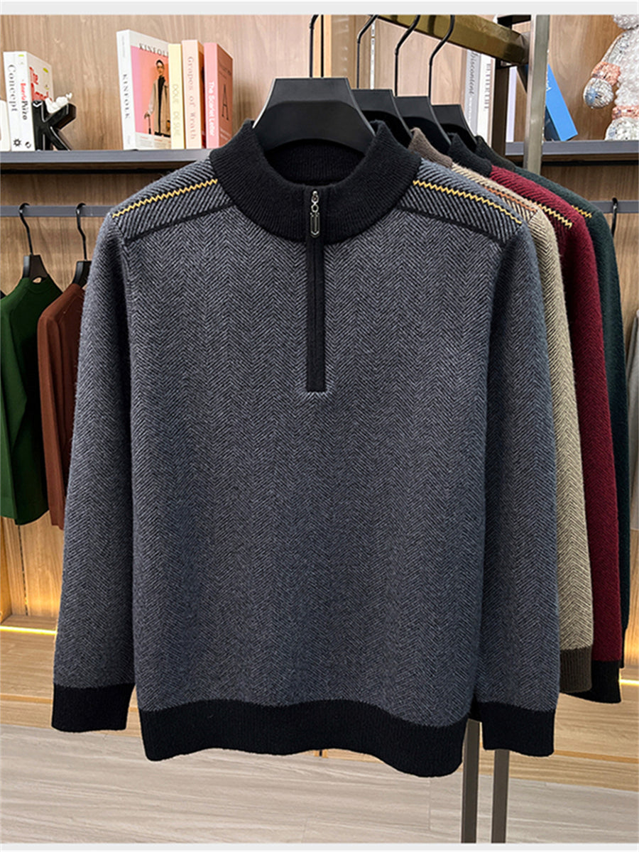 Autumn Winter Knit 3D Solid Round Neck Half-Zip Sweater, Basic Knit Pullover Top for Men, Fashionable Long Sleeve ZYR - Grey