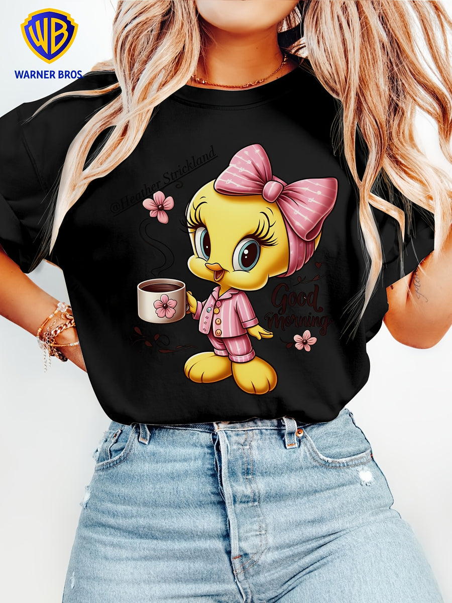 Women'S Elegant Short Sleeve, Cui Di Good Morning Morning Coffee Style Print, Soft Stretch Round Neck Casual Retro Style Top, Warner Bros. Licensed, Suitable for Spring Summer Autumn Daily And Vacation Wear, S-XXL Size - Black