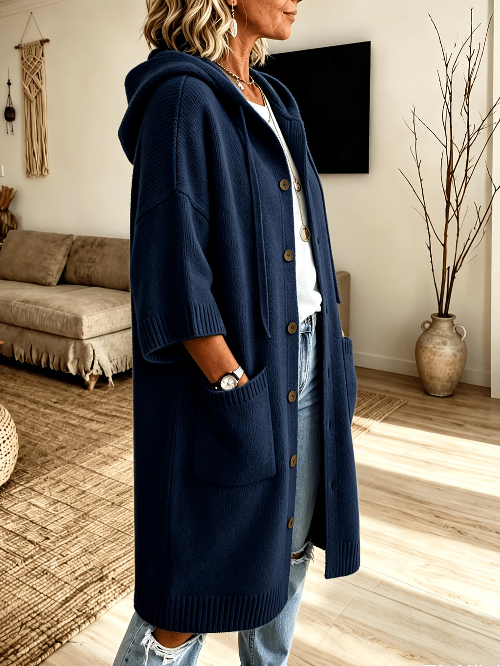 Plus Size - Women'S Spring Autumn Elegant Casual Cute Sexy Gentle Solid Color Hooded Drawstring Thick Long Sleeve Soft Warm Coat Button-Up Cardigan Jacket - Navy Color
